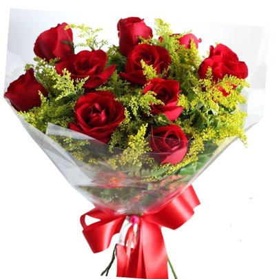 Buquê 12 Rosas Vermelhas e Folhagens