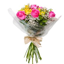 Buquê de 6 Rosas Pink com Astromélia