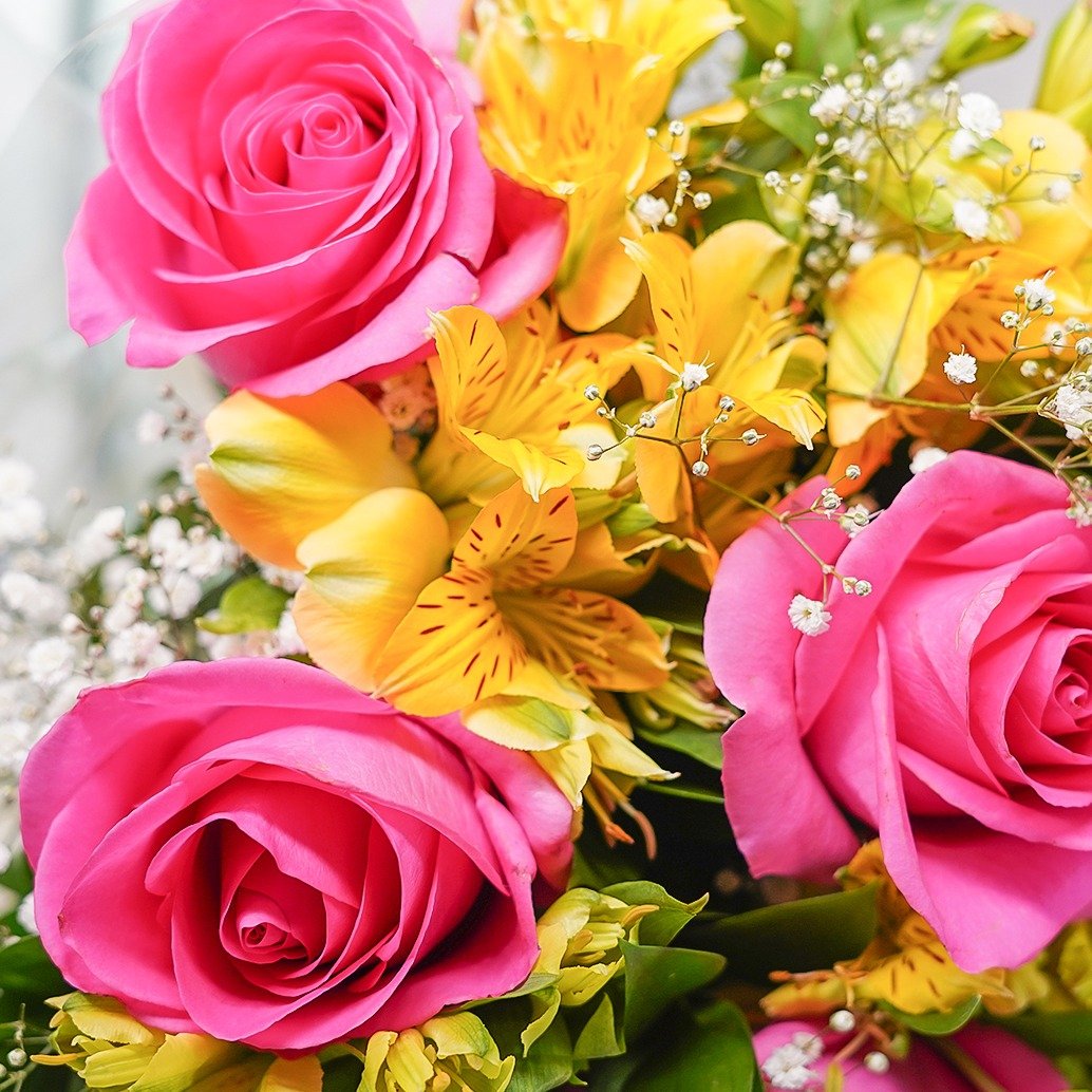 Buquê de 6 Rosas Pink com Astromélia
