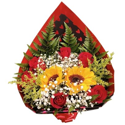 Buquê Rosas e Girassol Apaixonado