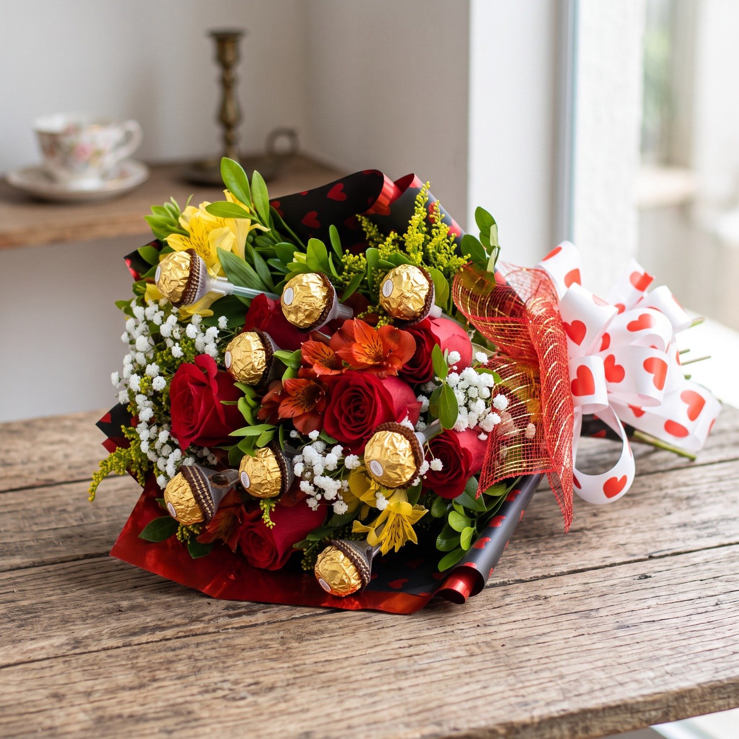 Buquê Luxuoso de Rosas Vermelhas com Chocolates 