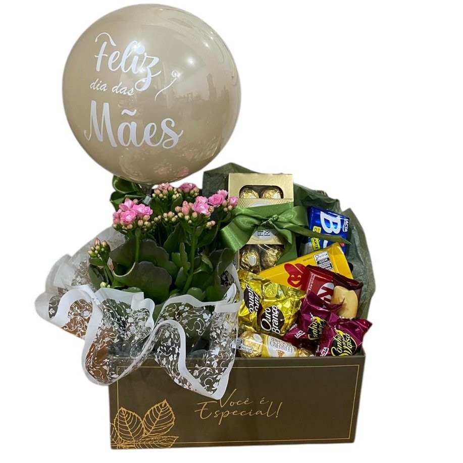 Cesta com Chocolates, Balão e Vaso de Calandiva