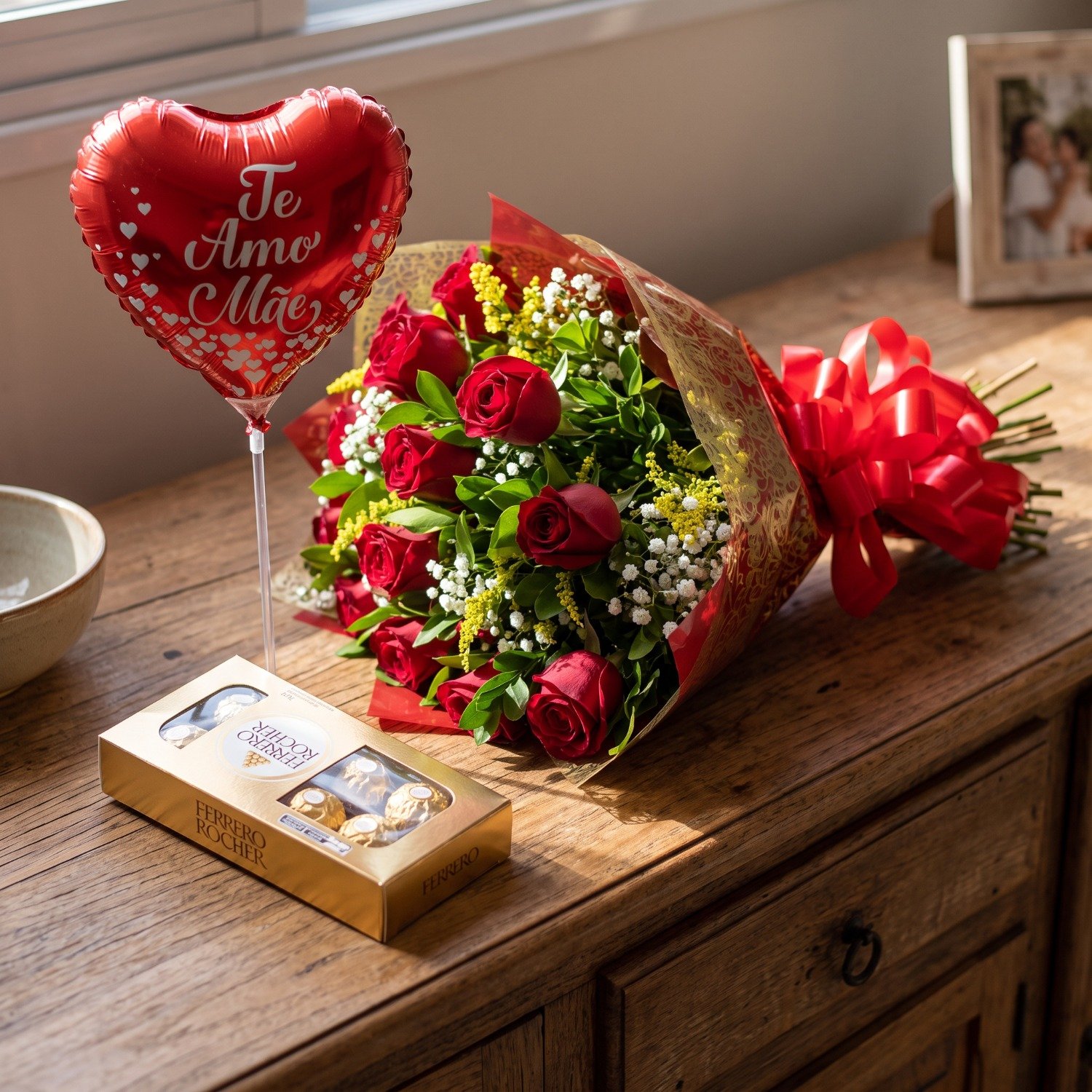 Combo Amor com Rosas e Ferrero Rocher com Balão