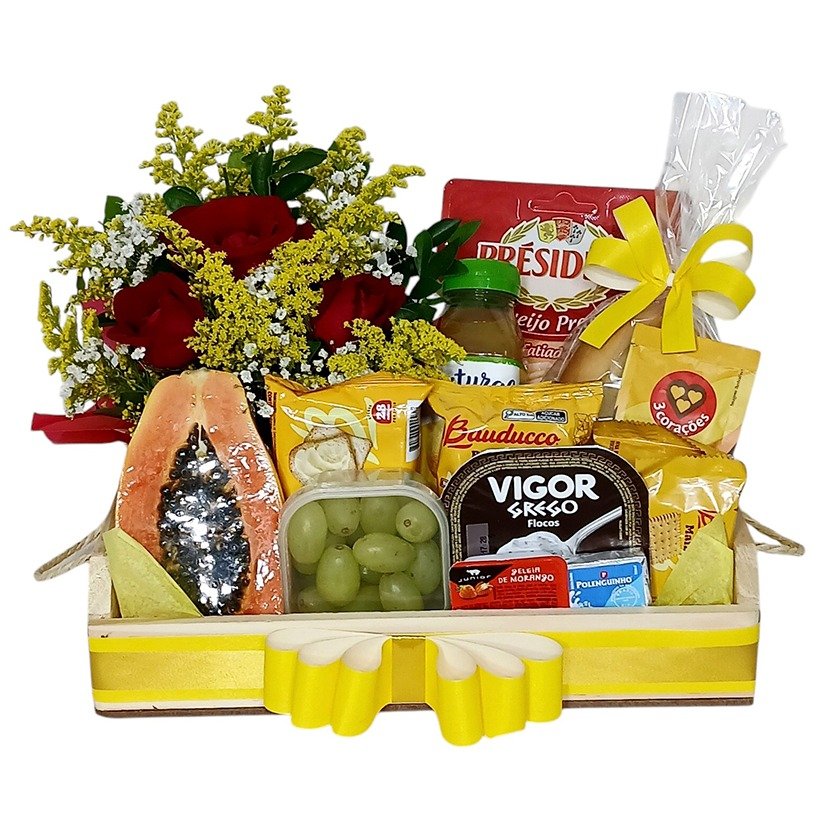 Cesta Média Pães Frios Frutas e Arranjo de Rosas