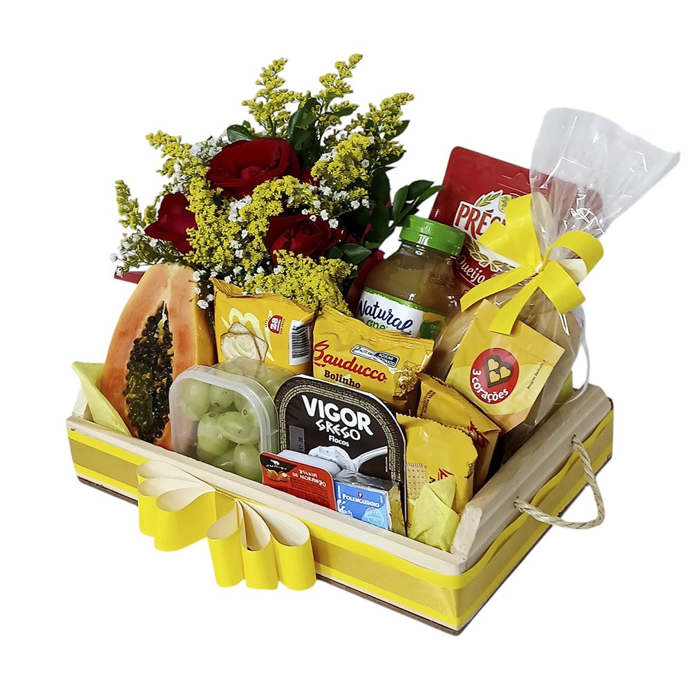 Cesta Média Pães Frios Frutas e Arranjo de Rosas