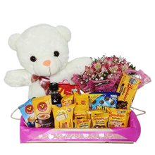 Bandeja Grande Com Flores e Urso de Pelúcia