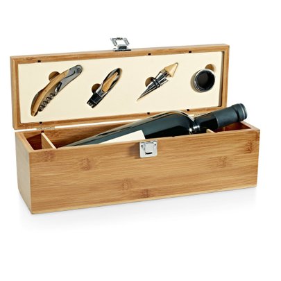 Conjunto Para Vinho em Bambu e Zinco com Vinho 750ml