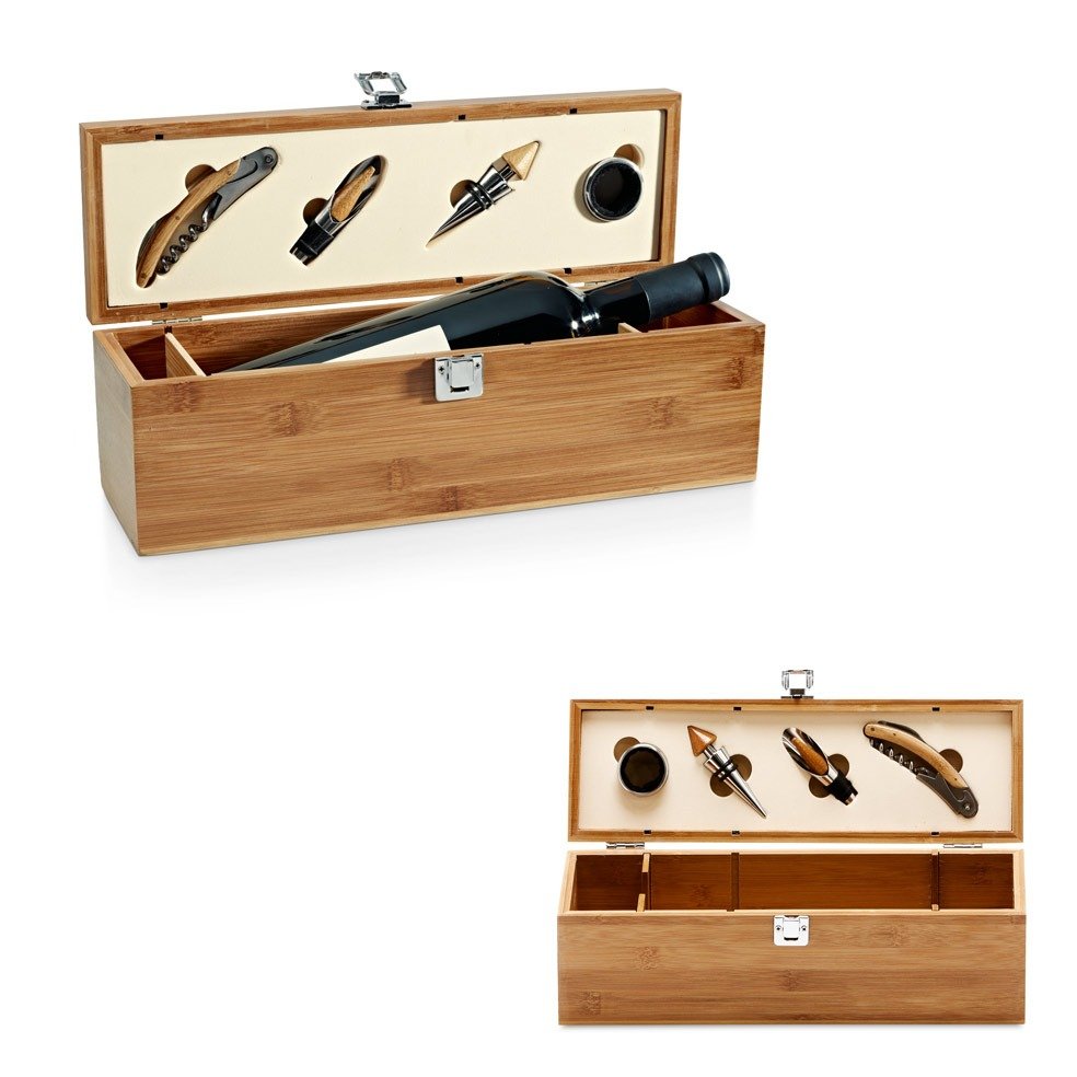 Conjunto Para Vinho em Bambu e Zinco com Vinho 750ml 