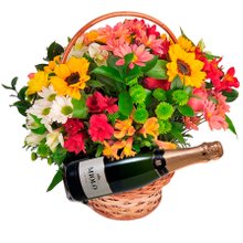 Cesta com mix de flores e espumante