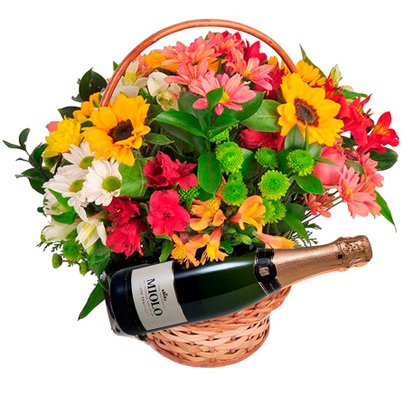 Cesta com mix de flores e espumante