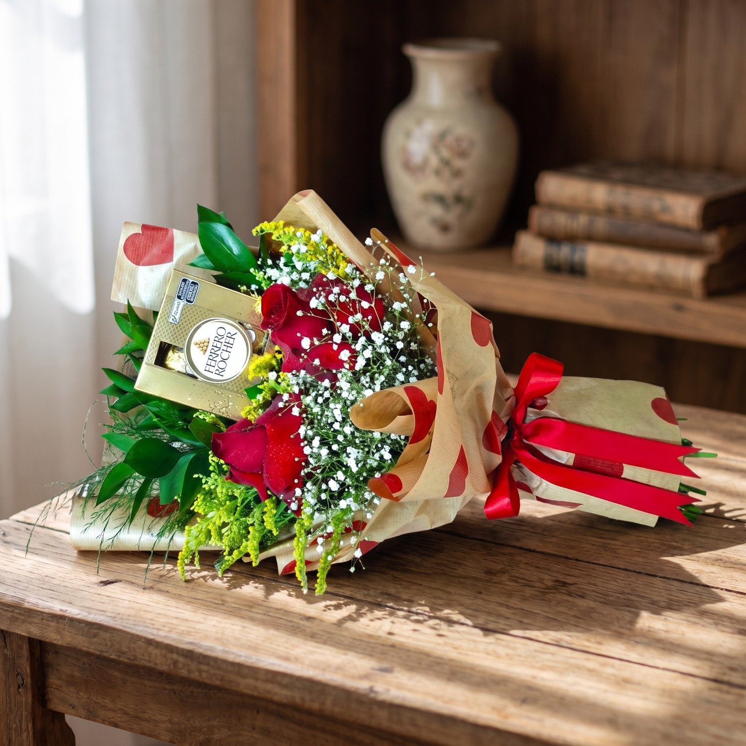 Buquê Romântico com Rosas e Ferrero Rocher