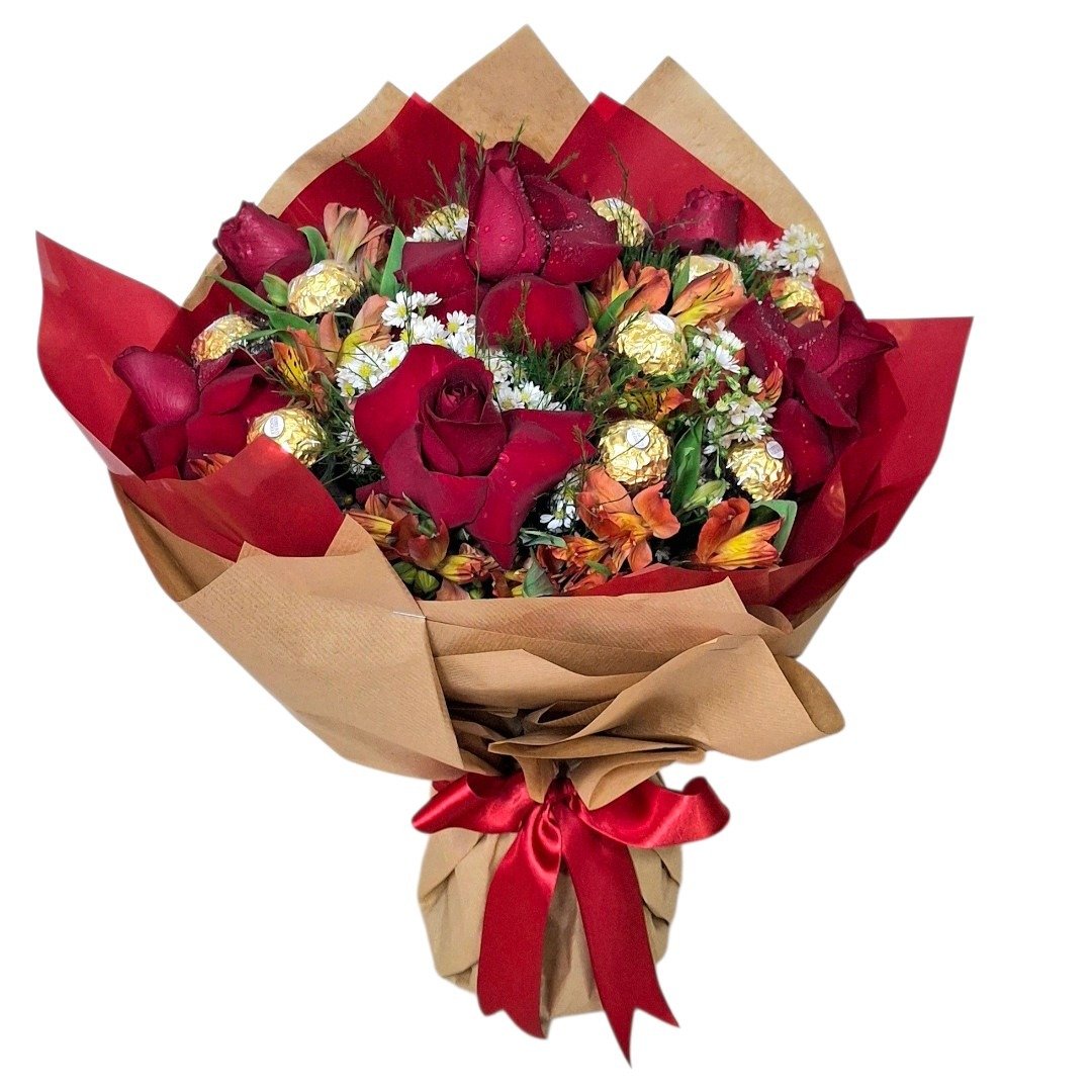 Buquê Luxo 6 Rosas com Ferrero Rocher