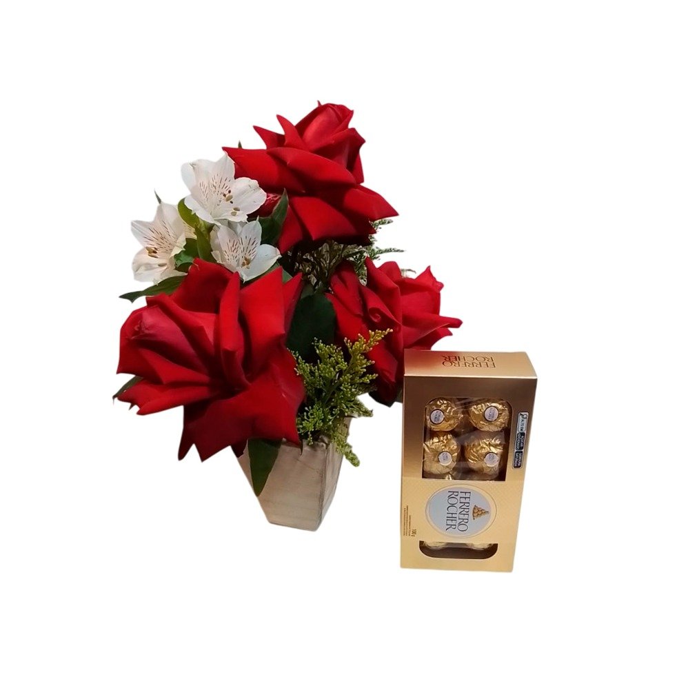 Lindo Arranjo de Rosa com 8 Ferrero Rocher