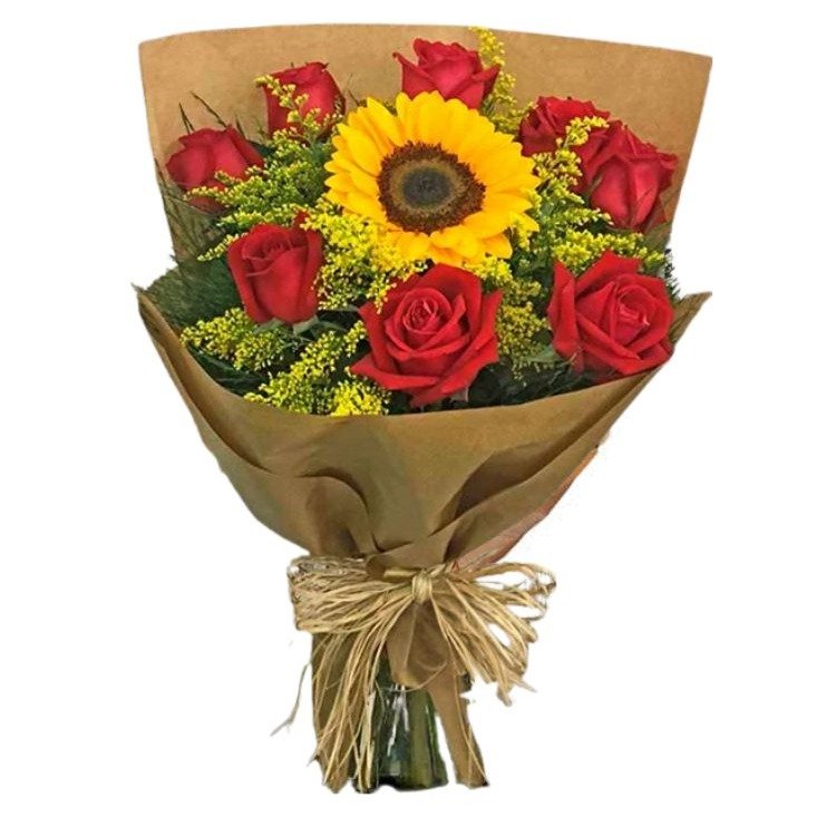 Buquê com Rosas e Girassol