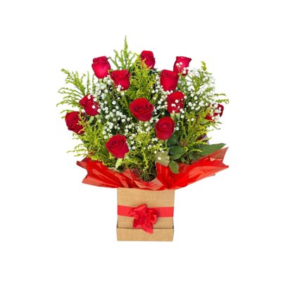 Caixa com Arranjo de Rosas Vermelhas