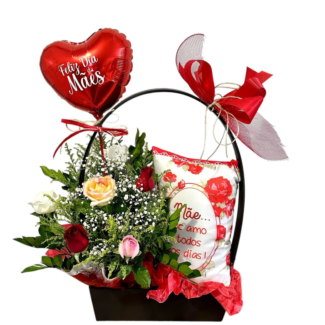 Cesto com 5 Rosas e Balão Dia das Mães