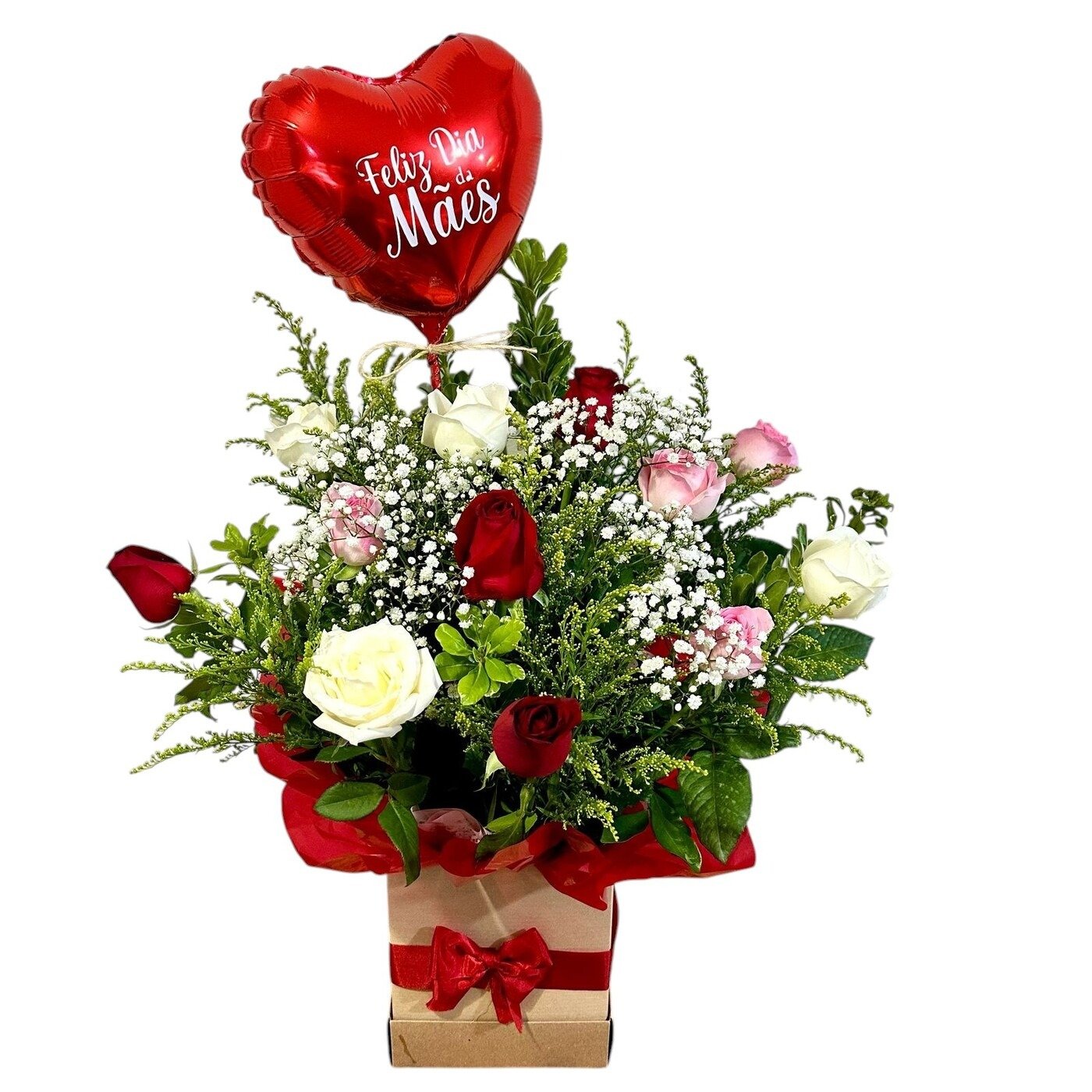 Arranjo com 12 Rosas Coloridas e Balão Dia das Mães