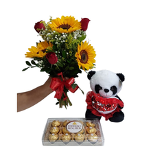 Buquê de Girassóis com Rosas Pelúcia e Chocolate