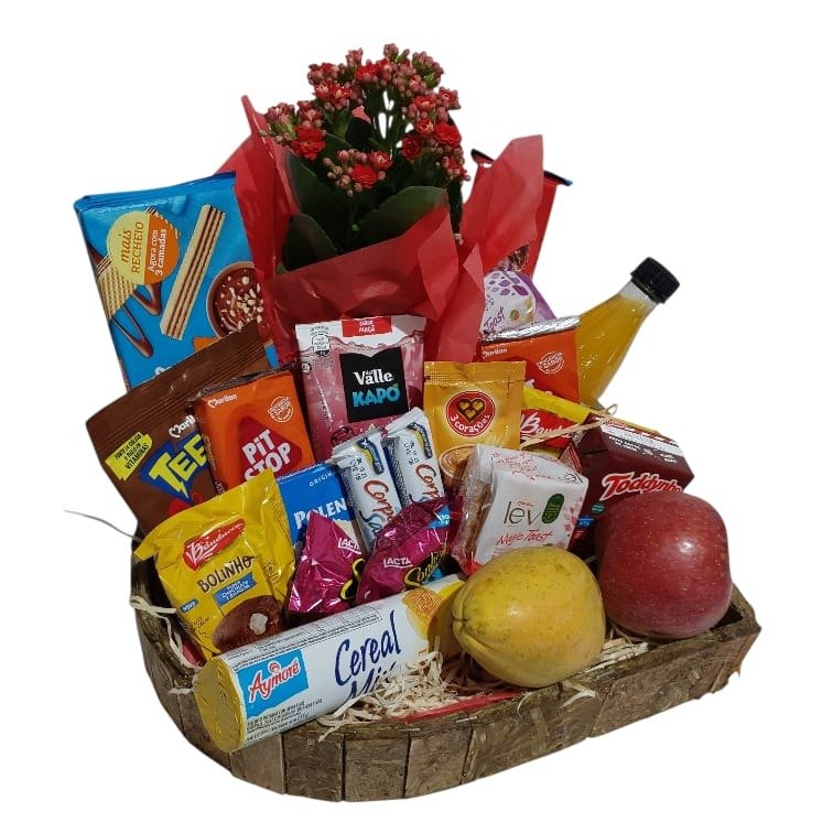 Cesta de Café da Manhã Coração com Flores Kalanchoes