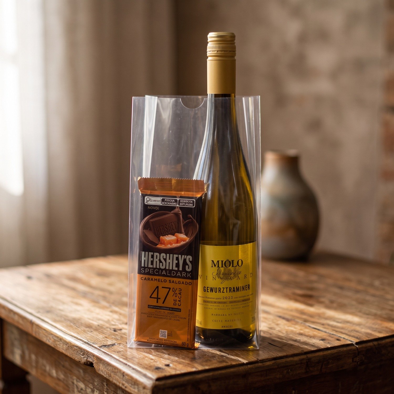 Kit Vinho Gewurztraminer e Chocolate Caramelo Salgado