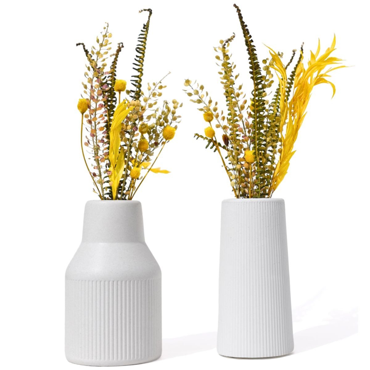 Par de Vasos Garrafa Cimento Branco Com Flores Secas