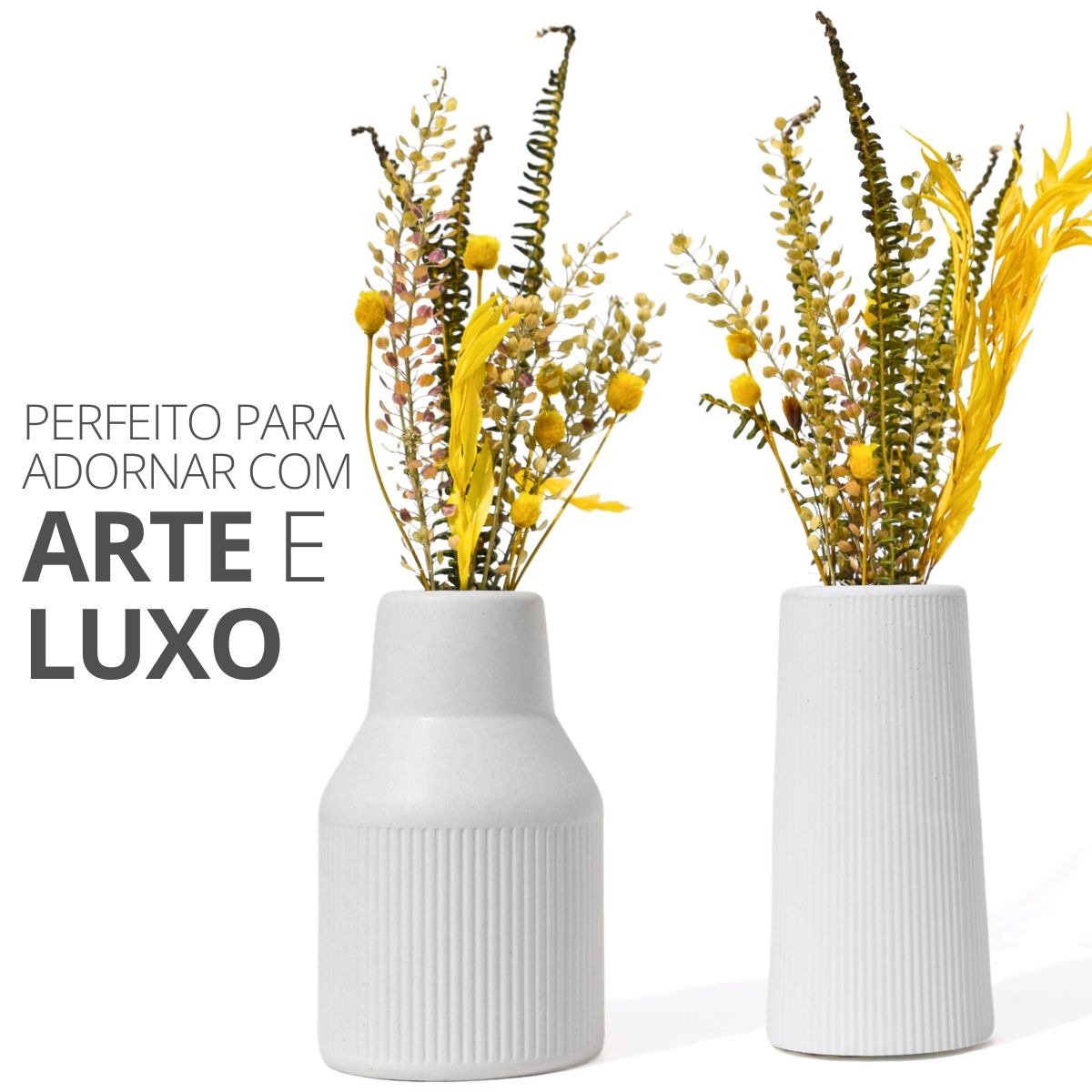 Par de Vasos Garrafa Cimento Branco Com Flores Secas