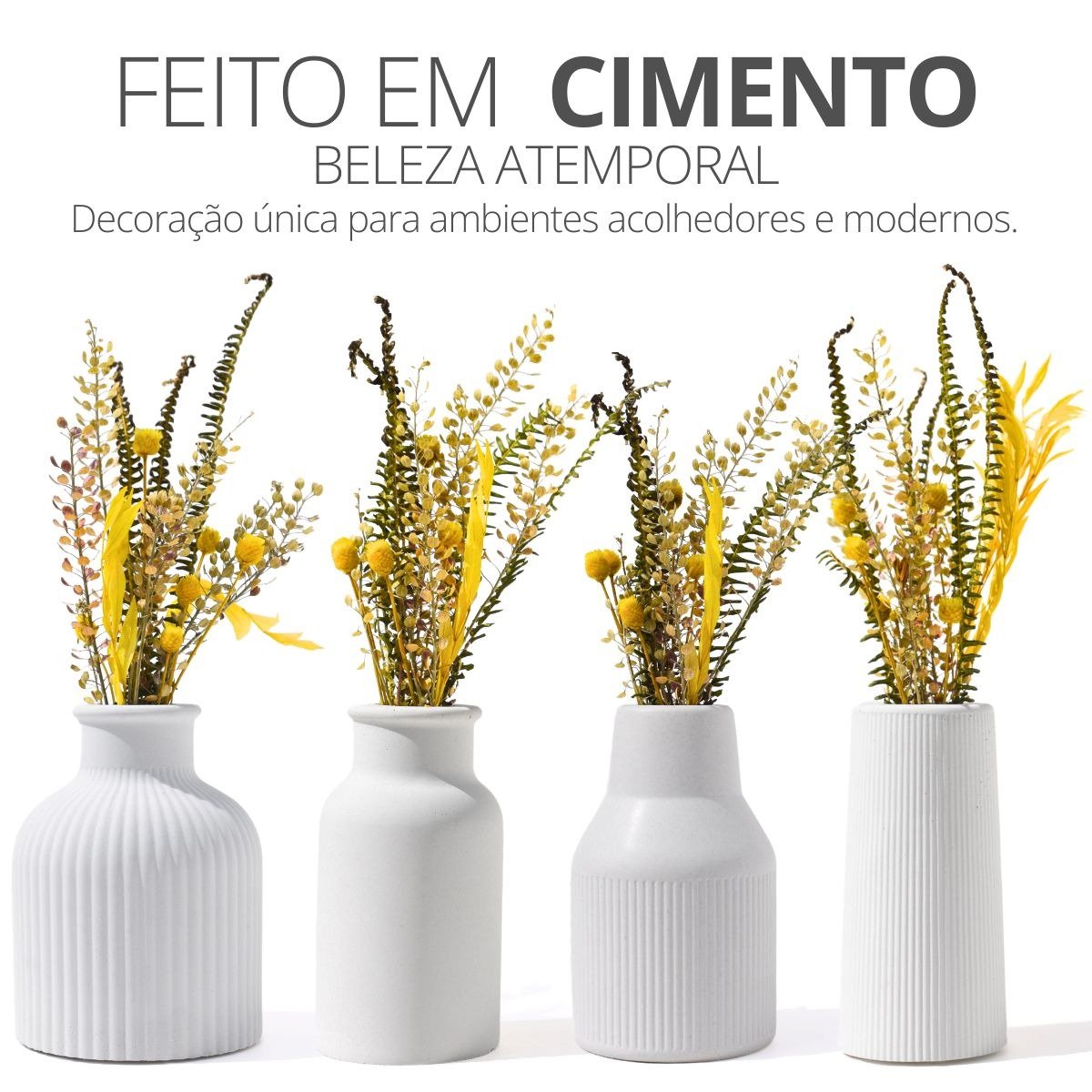 Conjunto 4 Vasos Garrafa Cimento com Flores Secas