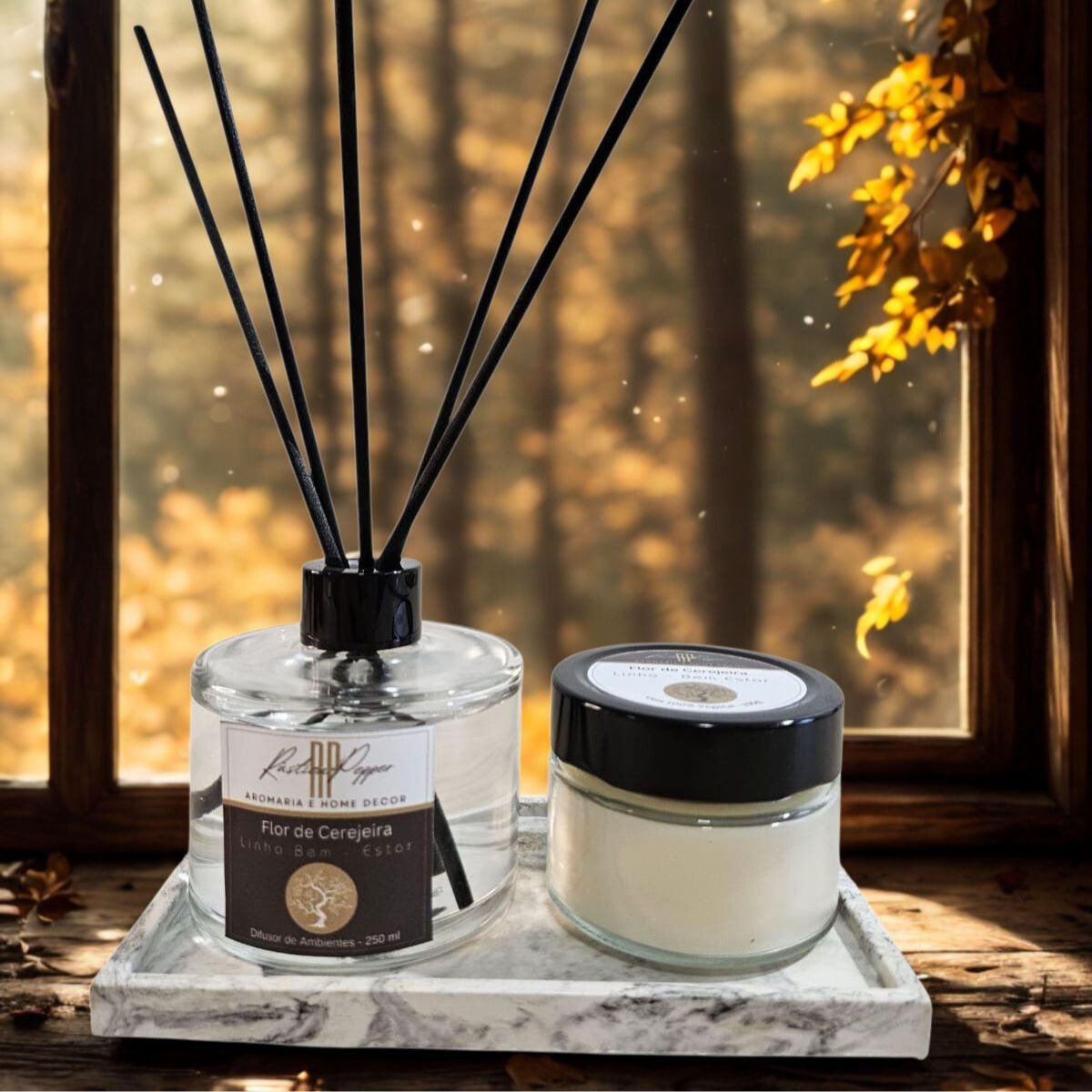 Kit Difusor de Ambiente, Vela e Bandeja Rústica