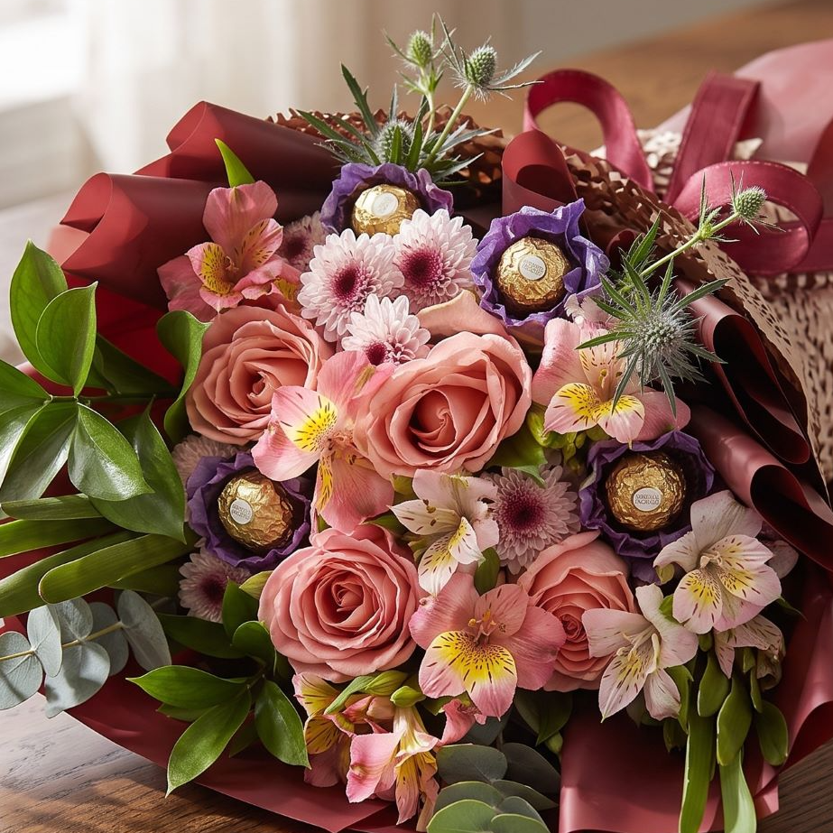 Buquê Coreano de Rosas Importadas com Chocolate Fino