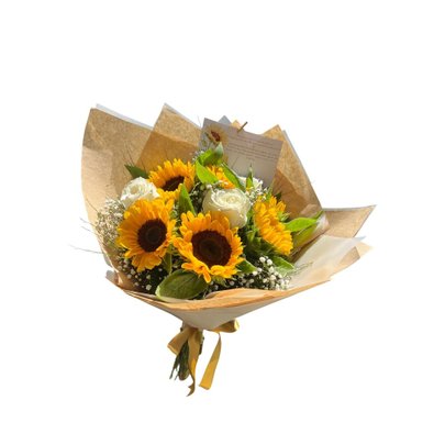 Buquê Girassol com Rosas Brancas