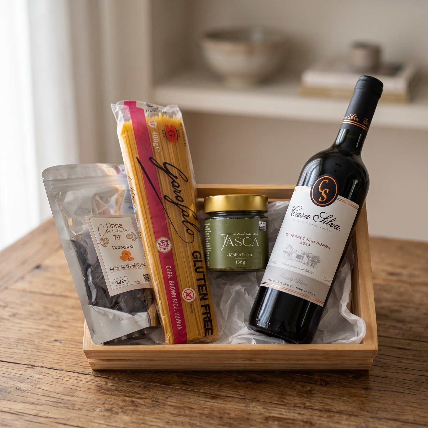 Cesta Experiência Gourmet: Vinho e Jantar Sem Glúten