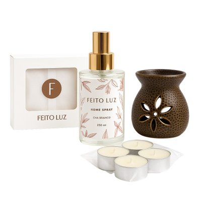 Kit 12 Velas Wax Melts, Rechaud, Home Spray Chá Branco