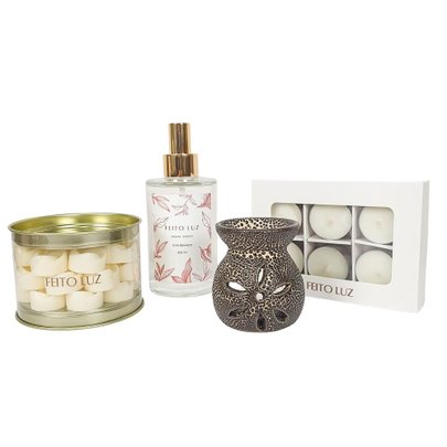 Kit Velas Wax Melts + Rechaud + Home Spray Chá Branco