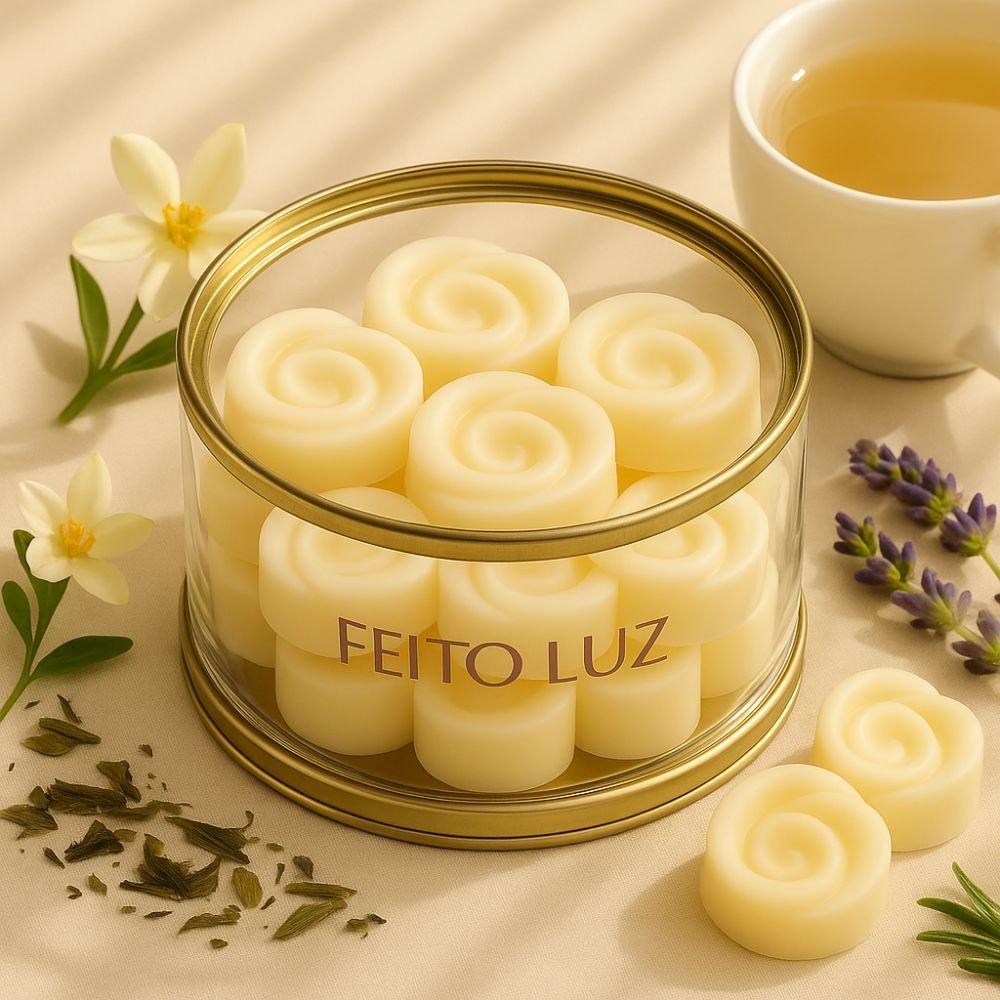 Kit Velas Wax Melts + Rechaud + Home Spray Chá Branco