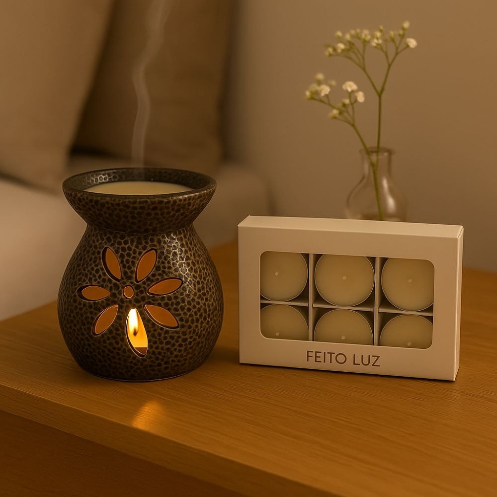 Kit Velas Wax Melts + Rechaud + Home Spray Chá Branco