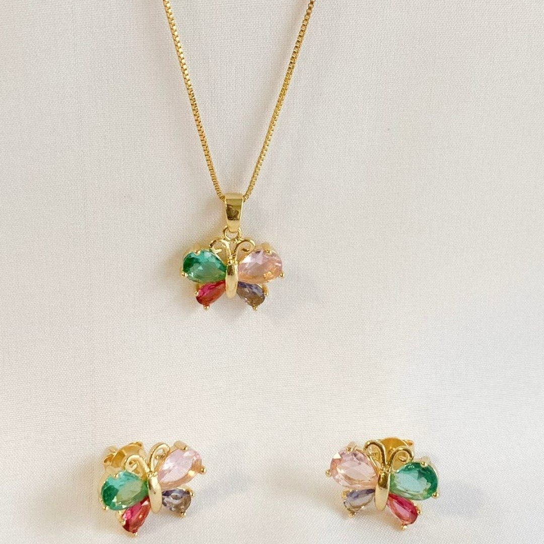 Conjunto de Colar e Brincos Borboleta - Banho Ouro 18k