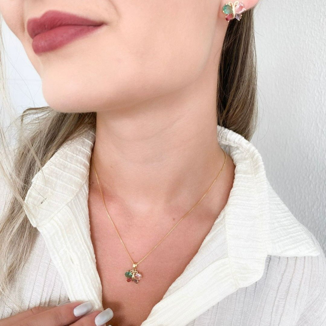 Conjunto de Colar e Brincos Borboleta - Banho Ouro 18k