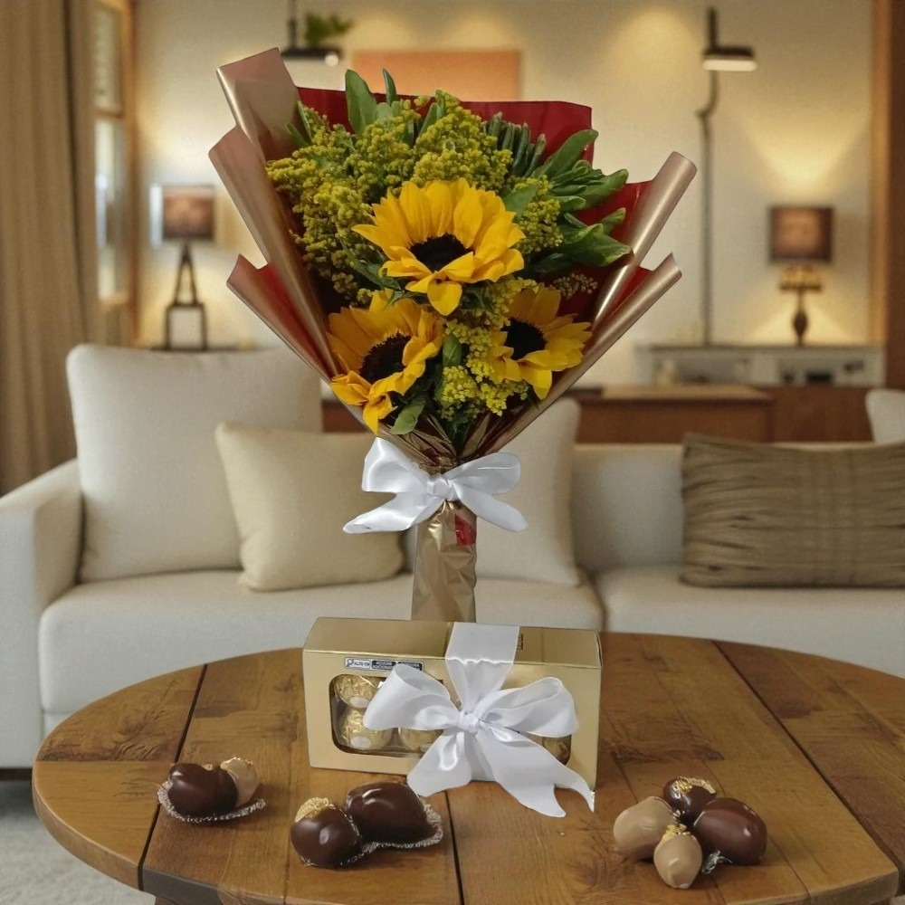 Buquê Trio de Girassóis com Ferrero Rocher