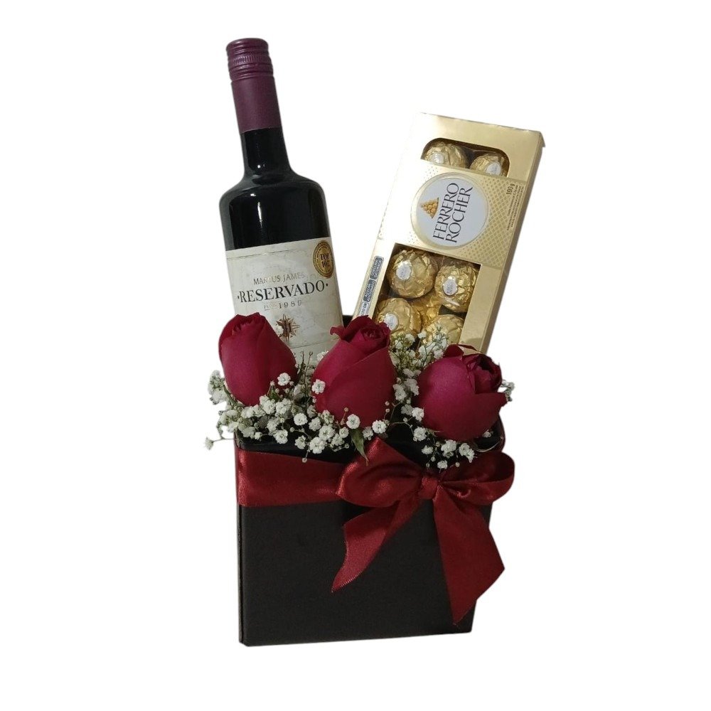 Box Rosas, Ferrero Rocher e Vinho