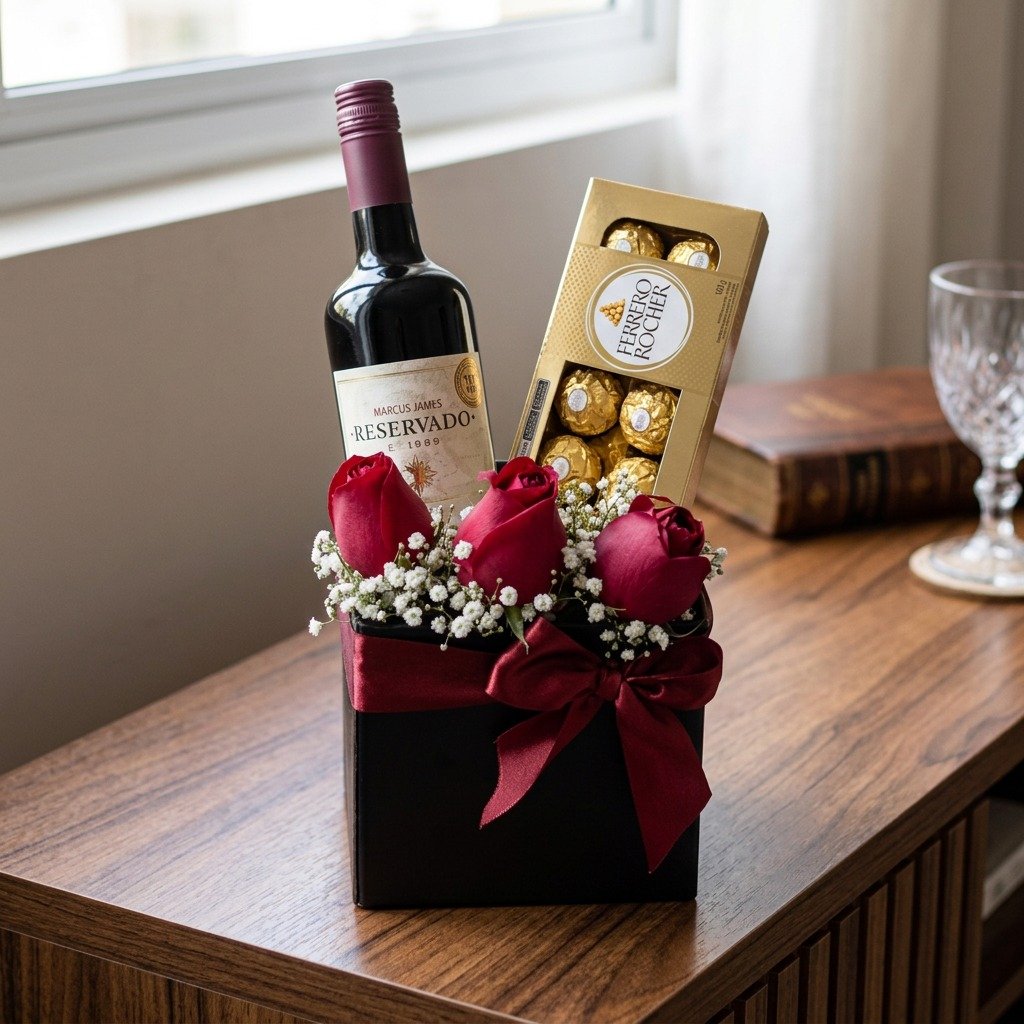 Box Rosas, Ferrero Rocher e Vinho