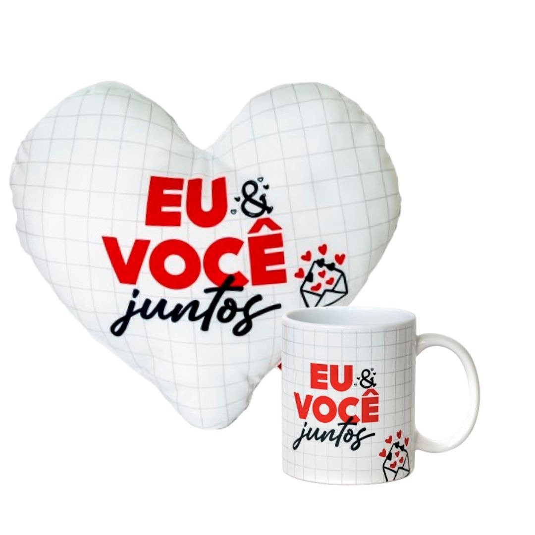 Kit Presente Almofada Coração Caneca Eu e Você Juntos