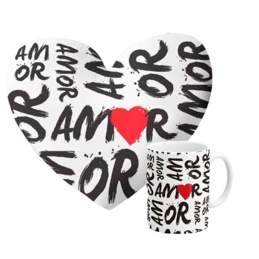 Kit Presente Almofada Coração e Caneca Namorados Amor