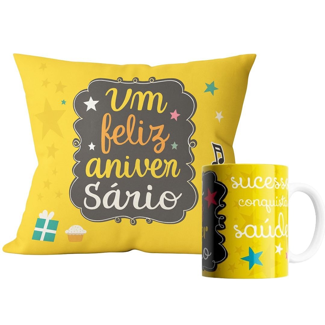 Kit Almofada e Caneca Um Feliz Aniversário Amarelo