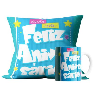 Kit Almofada e Caneca Tenha um Feliz Aniversário