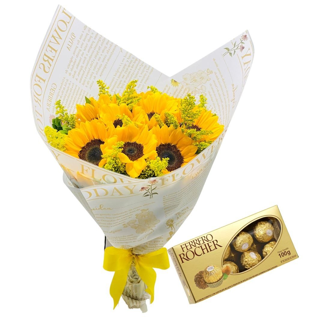 Buquê com 12 Girassóis e Chocolate