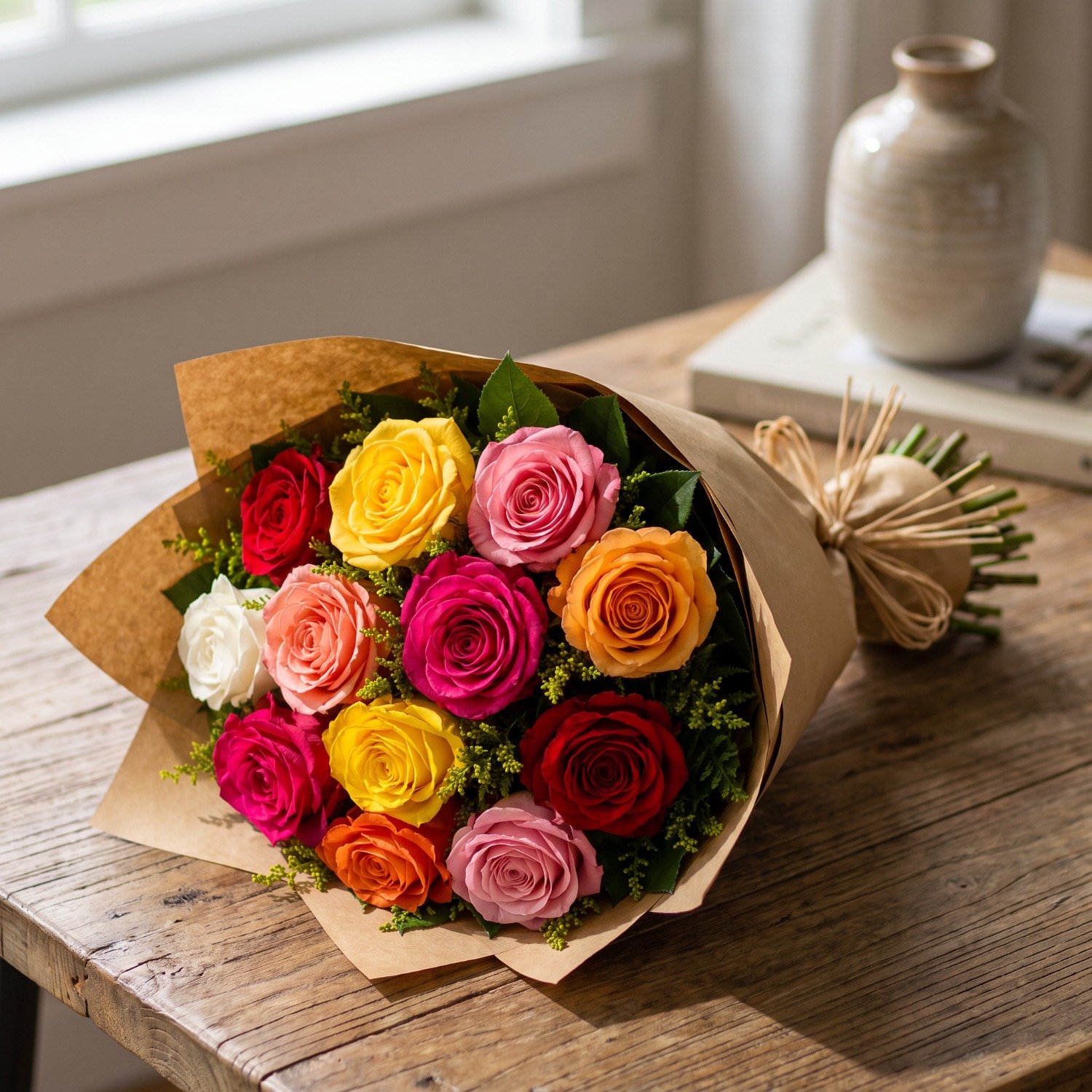 Buquê com 12 Rosas Coloridas no Kraft
