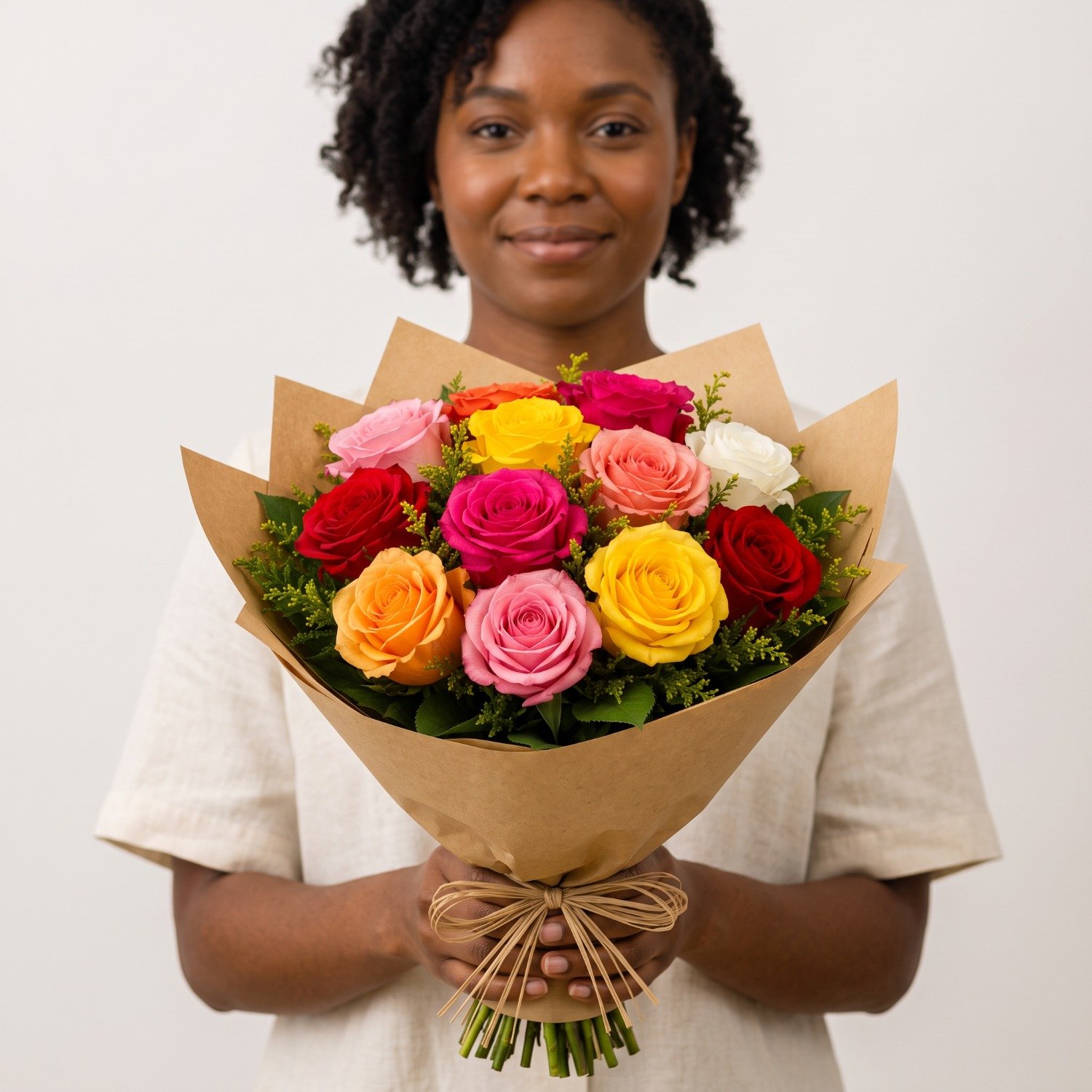 Buquê com 12 Rosas Coloridas no Kraft