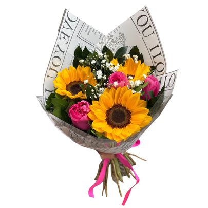 Buquê Baby de Rosas Pink com Girassóis