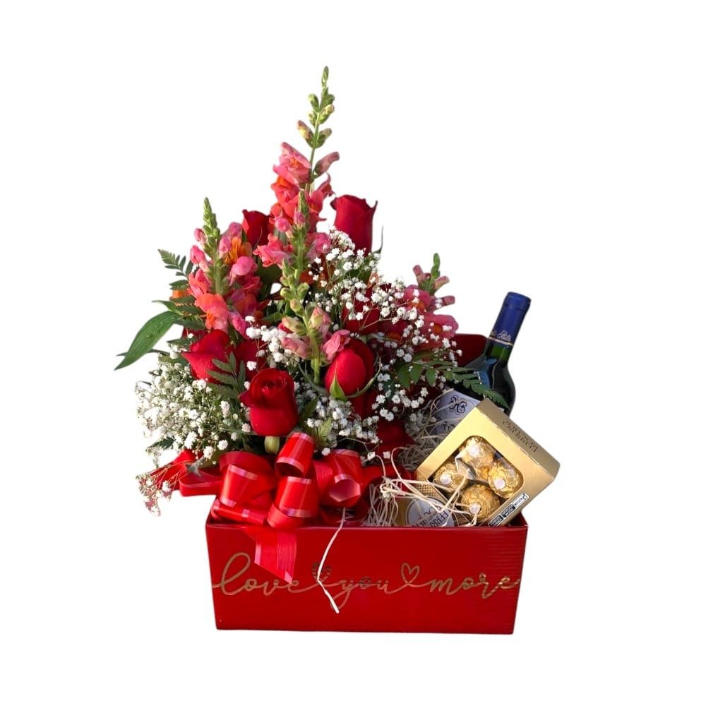 Cesta Elegância Vinho, Flores e Chocolate