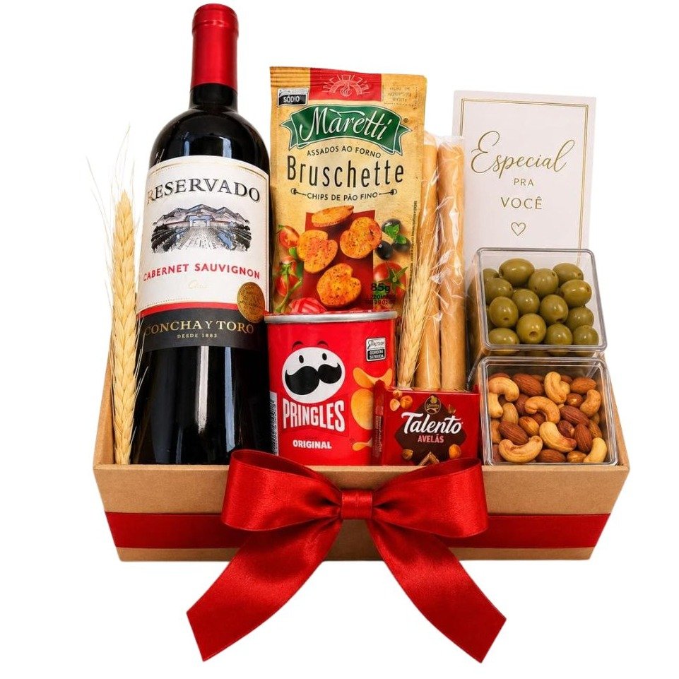 Cesta Vinho Petiscos Afeto e Amor